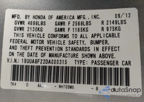 2013 Acura Tl 3.5 из США, поврежденный, VIN 19UUA8F22DA000315